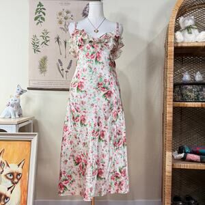 Y2k Floral Satin Ruffle Slip Dress Garden Party Romantic Dolly Kei Coquette L